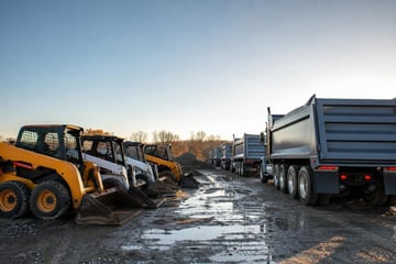 Heavy equipment fleet at a commercial worksite, illustrating $1 buyout lease vs fmv lease: which is right for your business?