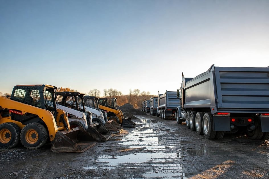 Heavy equipment fleet at a commercial worksite, illustrating $1 buyout lease vs fmv lease: which is right for your business?