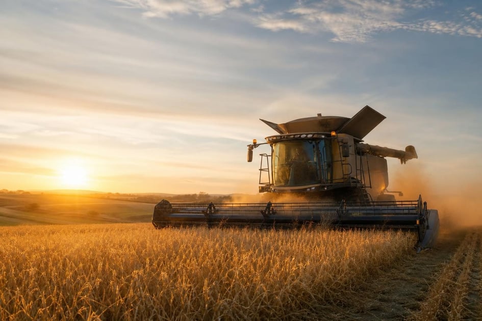 Combine harvester at a commercial worksite, illustrating agriculture equipment financing calculator
