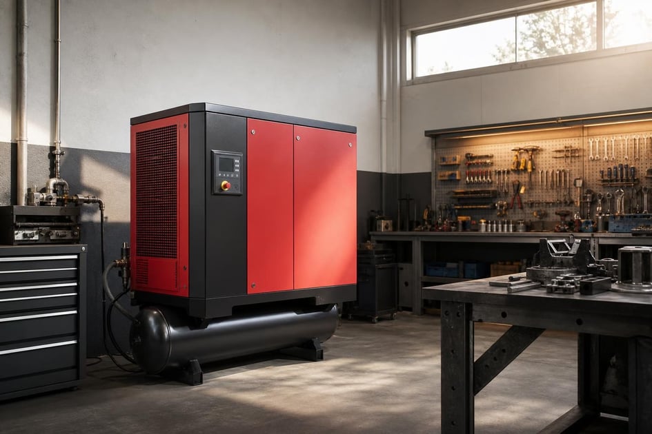 Rotary screw air compressor at a commercial worksite, illustrating air compressor financing no money down: what to expect