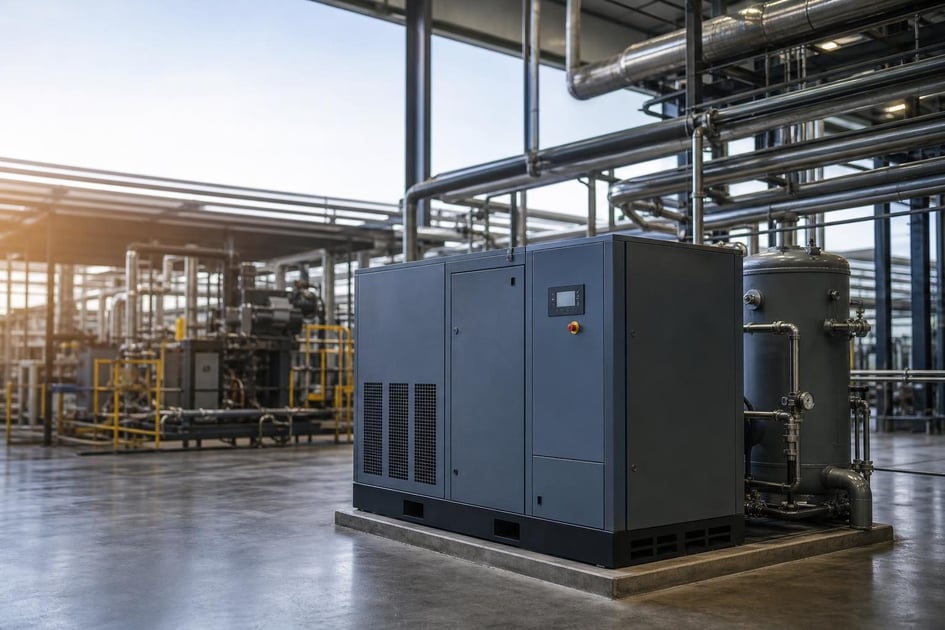 Rotary screw air compressor at a commercial worksite, illustrating air compressor financing with no down payment: what to expect