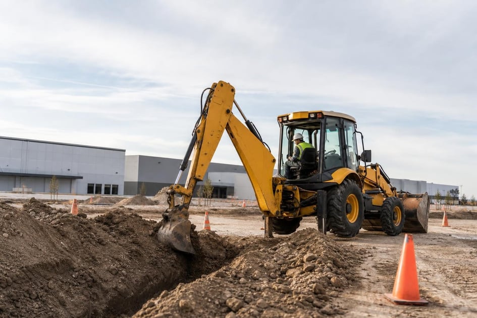 Backhoe at a commercial worksite, illustrating backhoes financing qualify for: what to expect