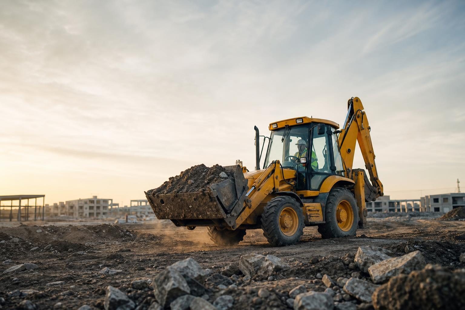 Used backhoe loader at a commercial worksite, illustrating backhoes financing used: what to expect