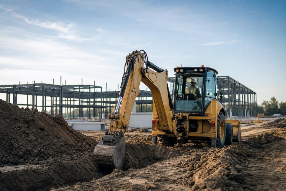Backhoe loader at a commercial worksite, illustrating backhoes financing with no down payment: what to expect
