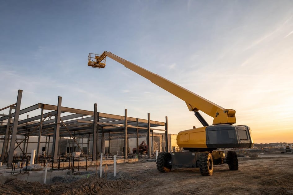 Articulating boom lift at a commercial worksite, illustrating boom lifts financing no money down: what to expect