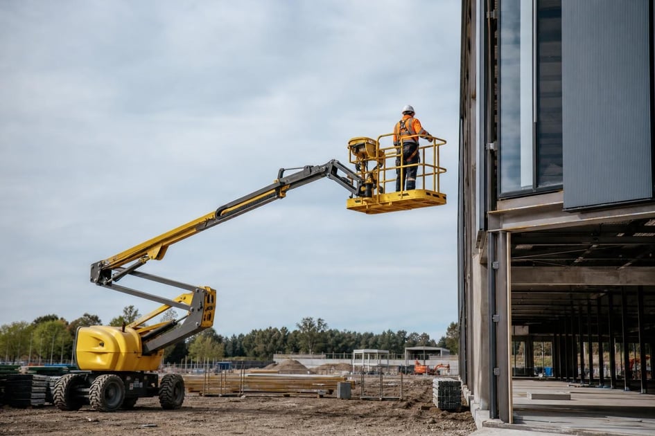 Articulating boom lift at a commercial worksite, illustrating boom lifts financing rates: what to expect