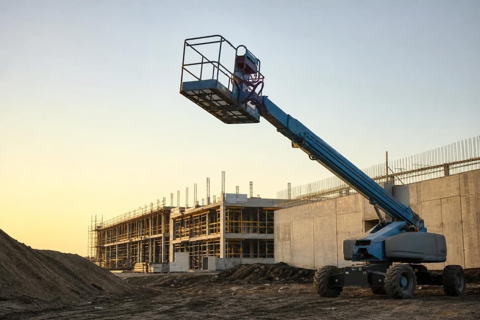 Used boom lift at a commercial worksite, illustrating boom lifts financing used: what to expect