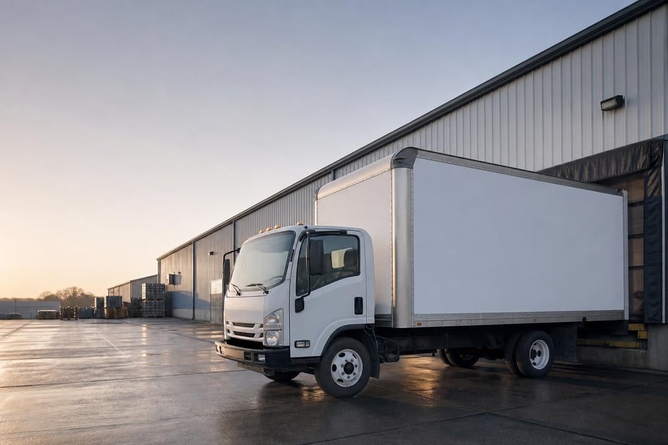 Box truck at a commercial worksite, illustrating box trucks financing bad credit: what to expect