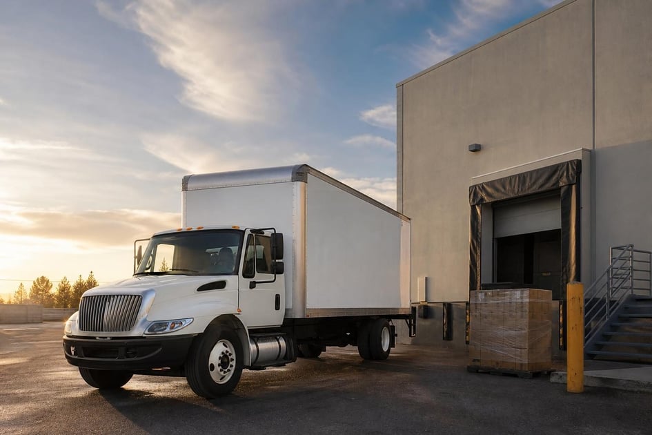 Box trucks at a commercial worksite, illustrating box trucks financing for small business: what to expect
