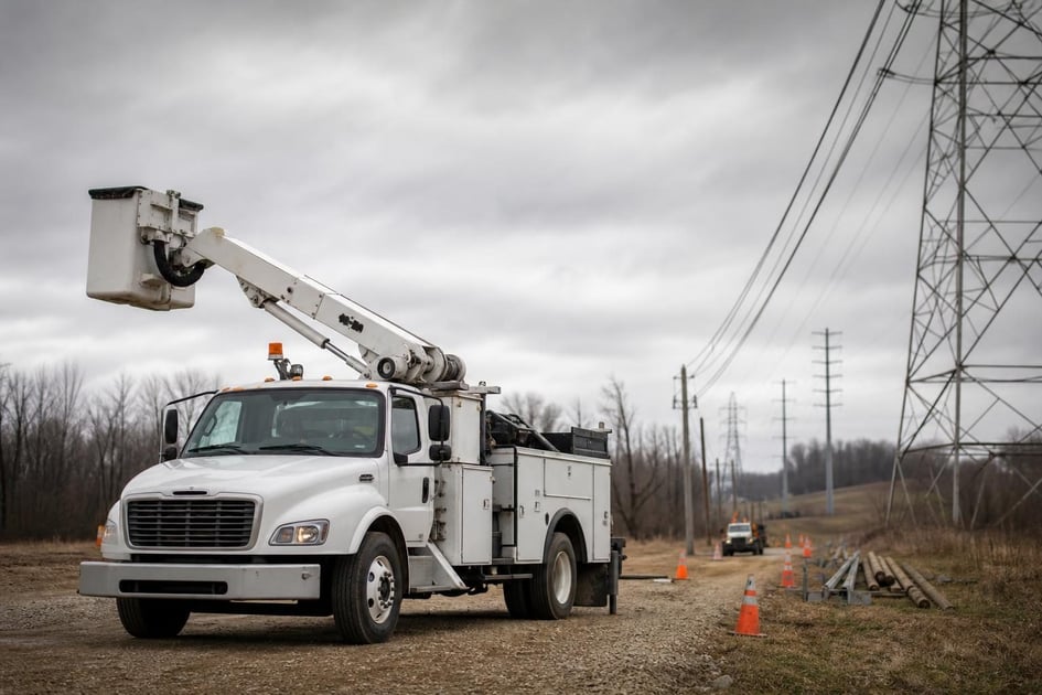 Bucket truck at a commercial worksite, illustrating bucket truck financing in ohio: what owner-operators should know