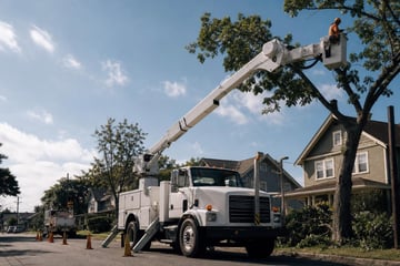 Bucket truck at a commercial worksite, illustrating bucket trucks financing bad credit: what to expect