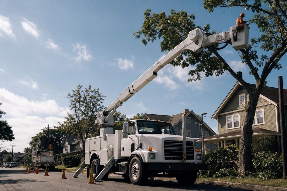 Bucket truck at a commercial worksite, illustrating bucket trucks financing bad credit: what to expect