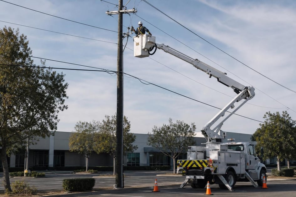 Bucket truck at a commercial worksite, illustrating bucket trucks financing for small business: what to expect