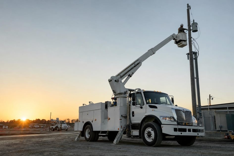 Bucket truck at a commercial worksite, illustrating bucket trucks financing how to get: what to expect