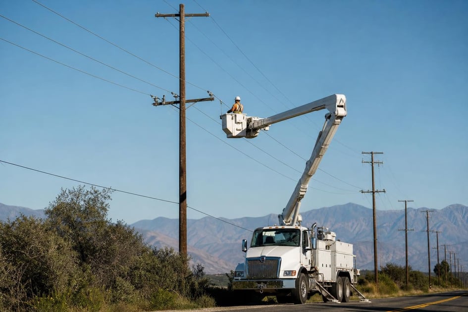 Bucket trucks at a commercial worksite, illustrating bucket trucks financing in california