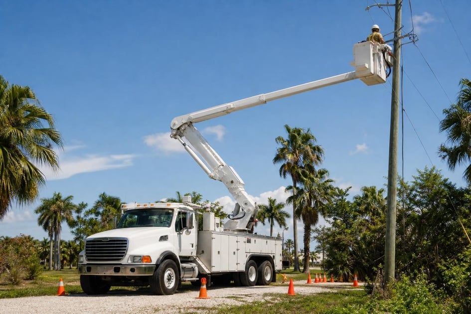 Bucket trucks at a commercial worksite, illustrating bucket trucks financing in florida