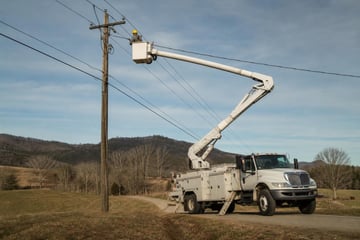 Bucket truck at a commercial worksite, illustrating bucket trucks financing in north carolina