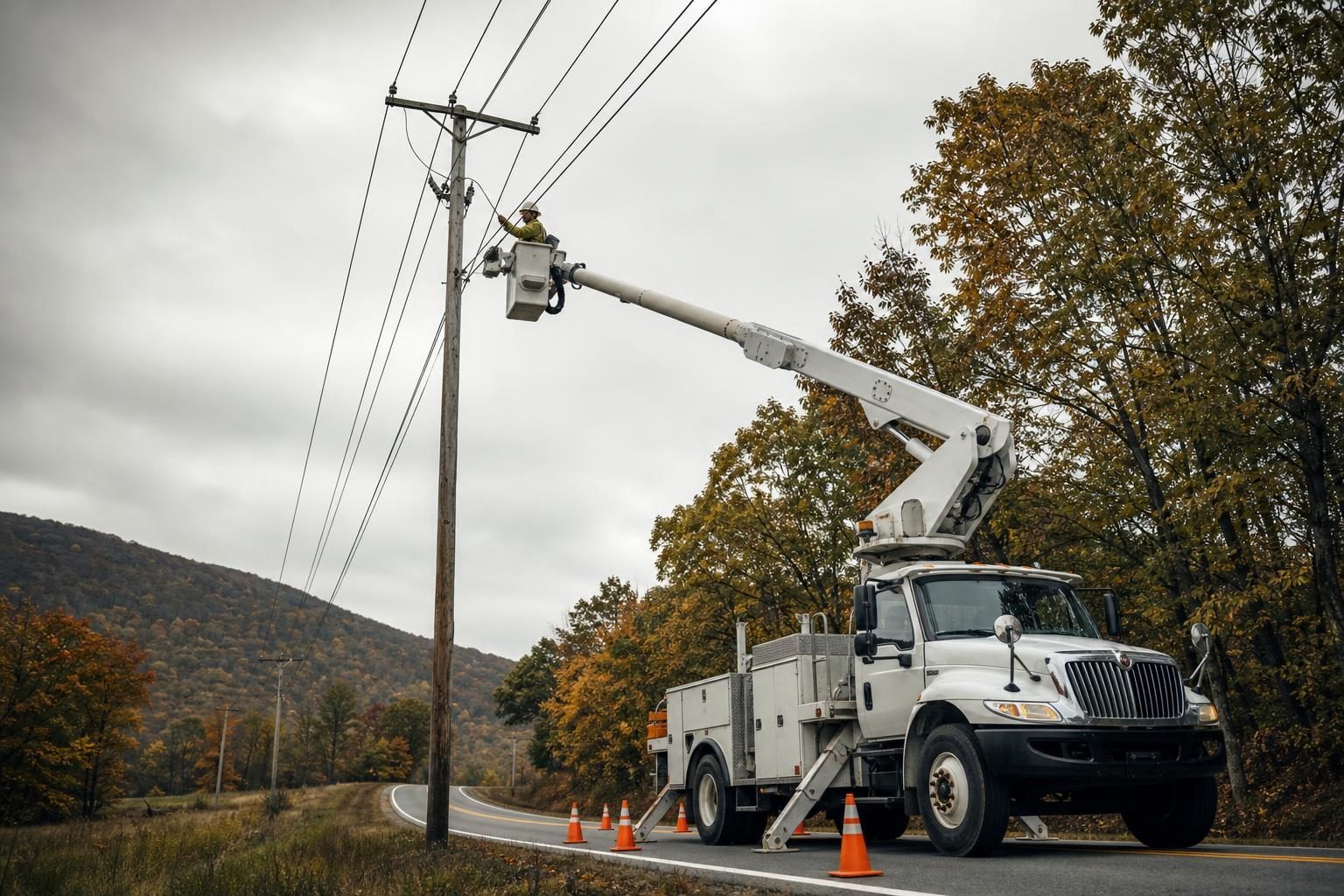 Bucket truck at a commercial worksite, illustrating bucket trucks financing in pennsylvania