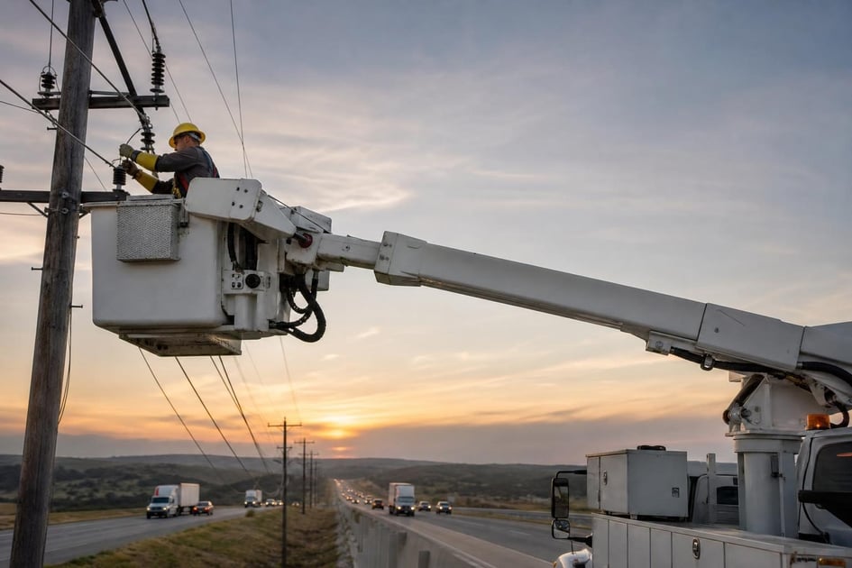 Bucket truck at a commercial worksite, illustrating bucket trucks financing in texas