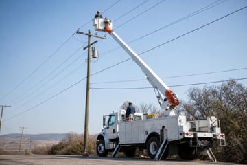 Bucket truck at a commercial worksite, illustrating bucket trucks financing no money down: what to expect