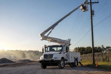 Bucket truck at a commercial worksite, illustrating bucket trucks financing qualify for: what to expect