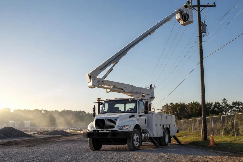 Bucket truck at a commercial worksite, illustrating bucket trucks financing qualify for: what to expect