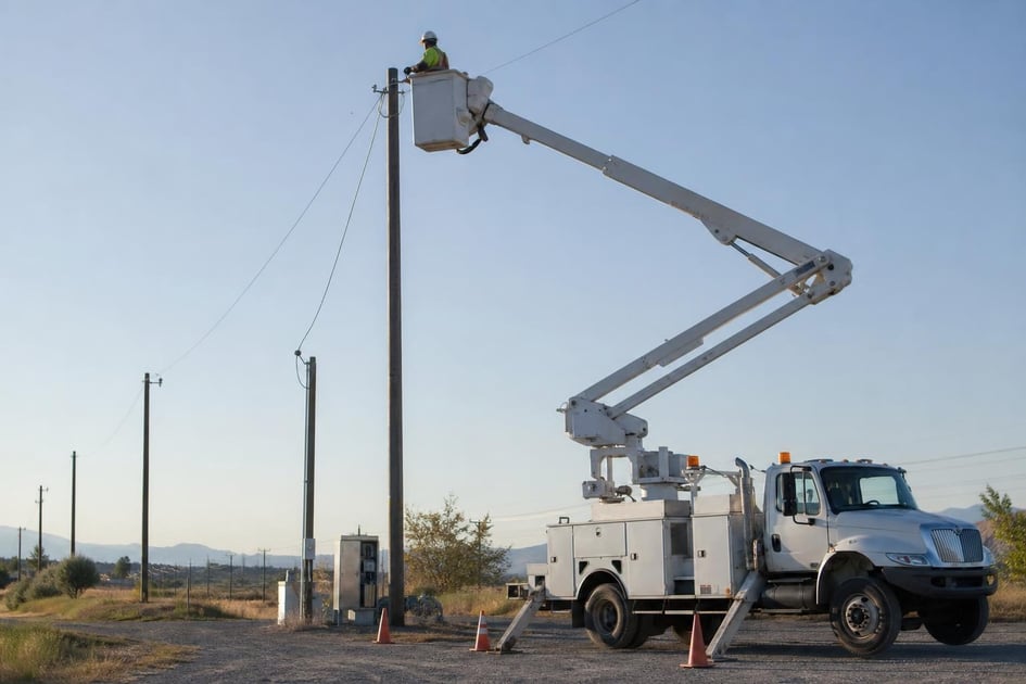 Bucket truck at a commercial worksite, illustrating bucket trucks financing rates: what to expect
