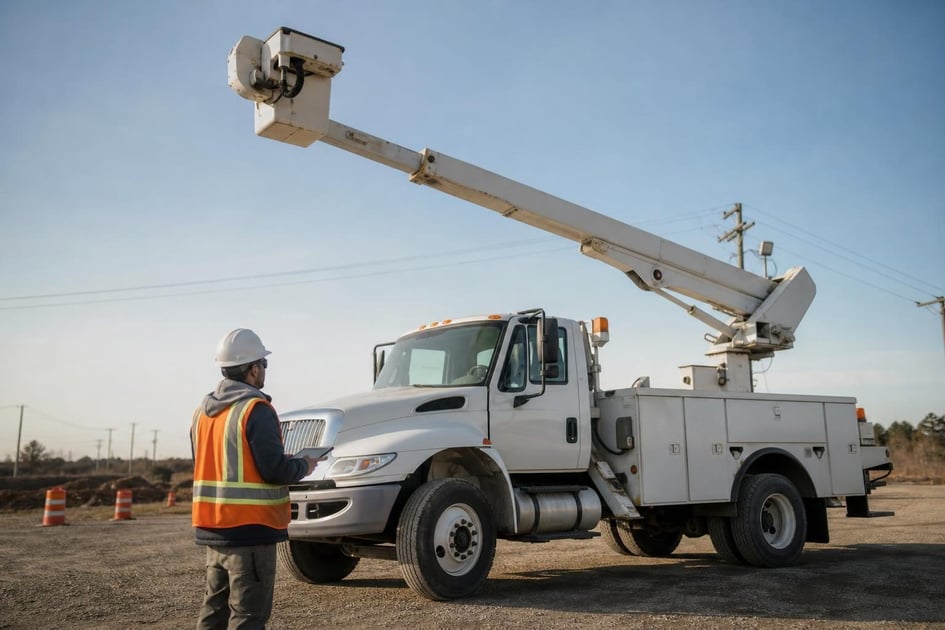 Used bucket truck at a commercial worksite, illustrating bucket trucks financing used: what to expect
