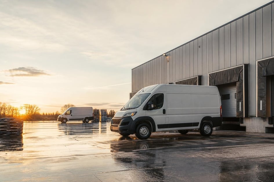 Commercial cargo van at a commercial worksite, illustrating cargo vans financing for small business: what to expect