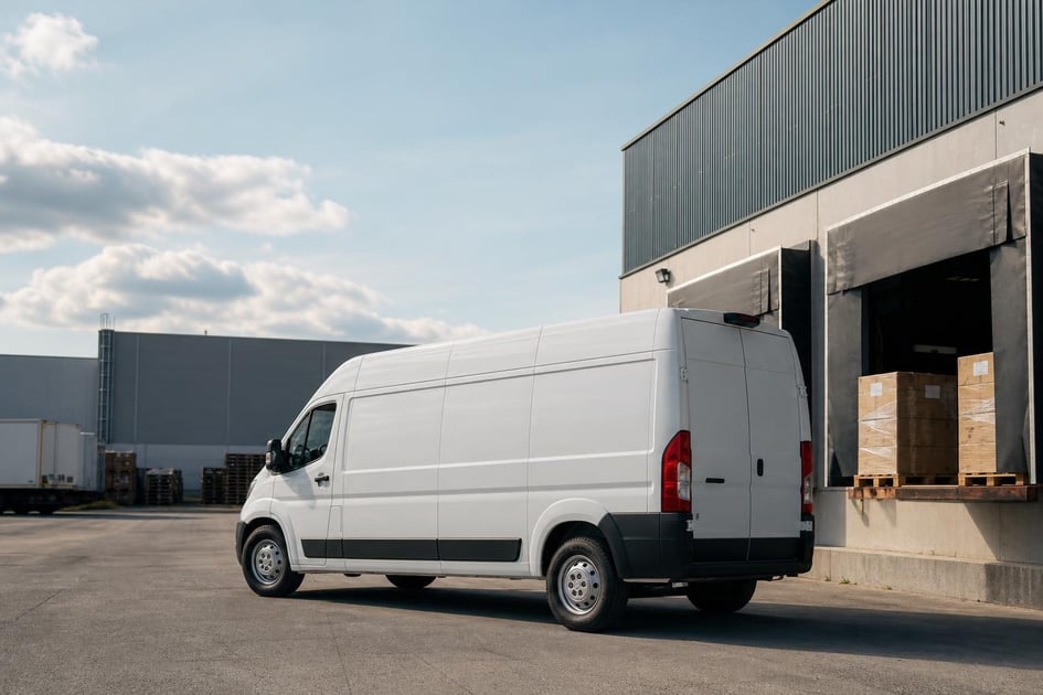 Cargo vans at a commercial worksite, illustrating cargo vans financing: how to get funding and what to expect