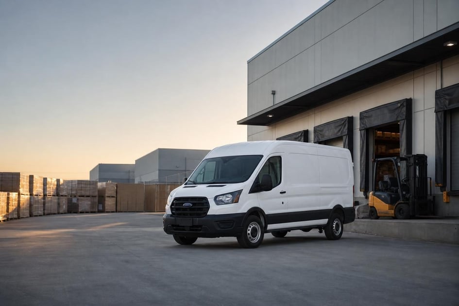 Cargo van at a commercial worksite, illustrating cargo vans financing in california