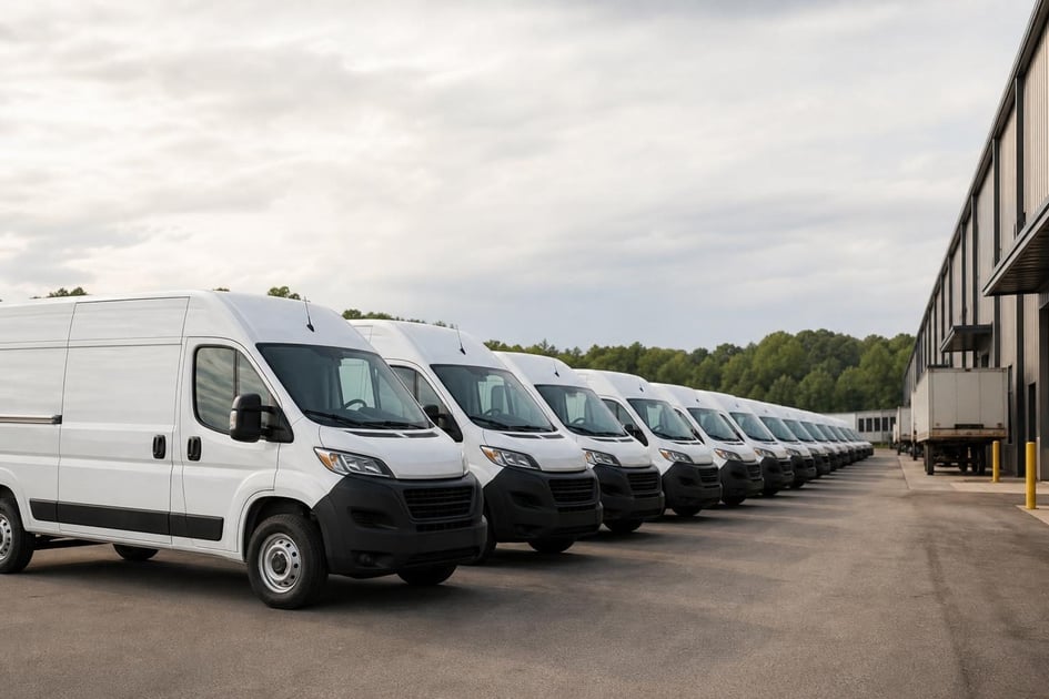 Cargo vans at a commercial worksite, illustrating cargo vans financing in georgia
