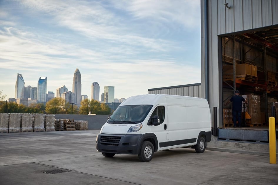 Cargo vans at a commercial worksite, illustrating cargo vans financing in north carolina