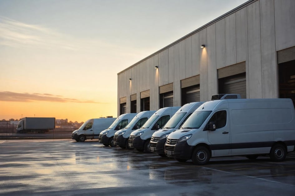 Cargo vans at a commercial worksite, illustrating cargo vans financing in texas