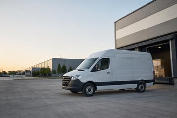 Cargo vans at a commercial worksite, illustrating cargo vans financing rates: what to expect