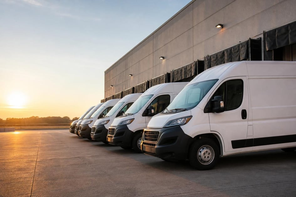 Commercial cargo vans at a commercial worksite, illustrating cargo vans financing requirements: what to expect