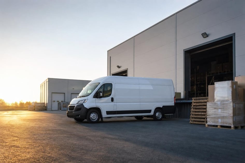 Cargo van at a commercial worksite, illustrating cargo vans financing with no down payment: what to expect