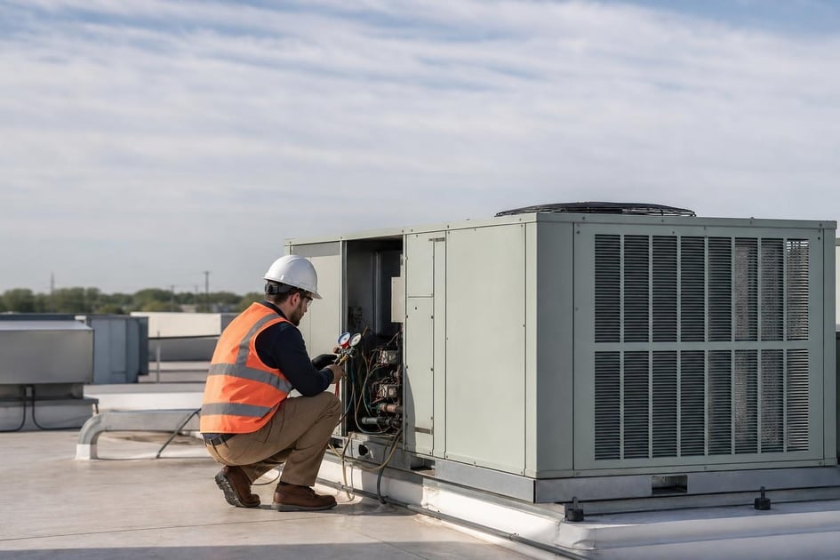 Commercial rooftop hvac units at a commercial worksite, illustrating commercial hvac system financing in illinois