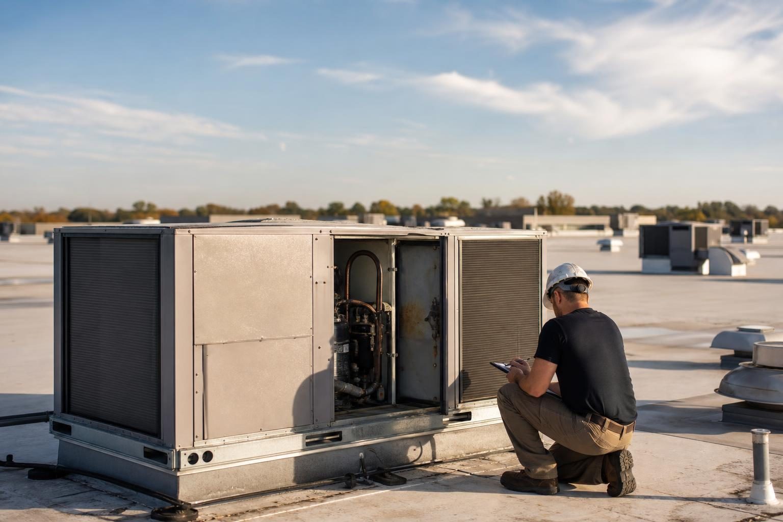 Commercial rooftop hvac units at a commercial worksite, illustrating commercial hvac system financing used: what to expect