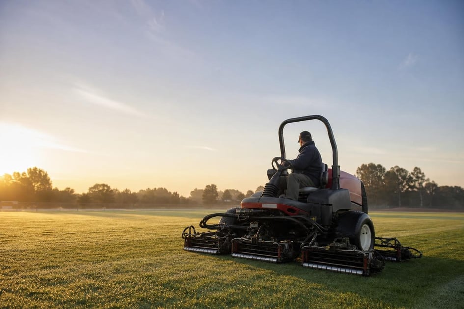 Commercial zero-turn mower at a commercial worksite, illustrating commercial mower financing bad credit: what to expect