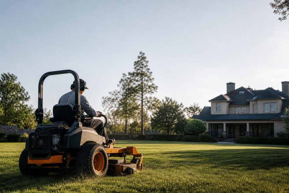 Commercial zero-turn mower at a commercial worksite, illustrating commercial mower financing qualify for: what to expect