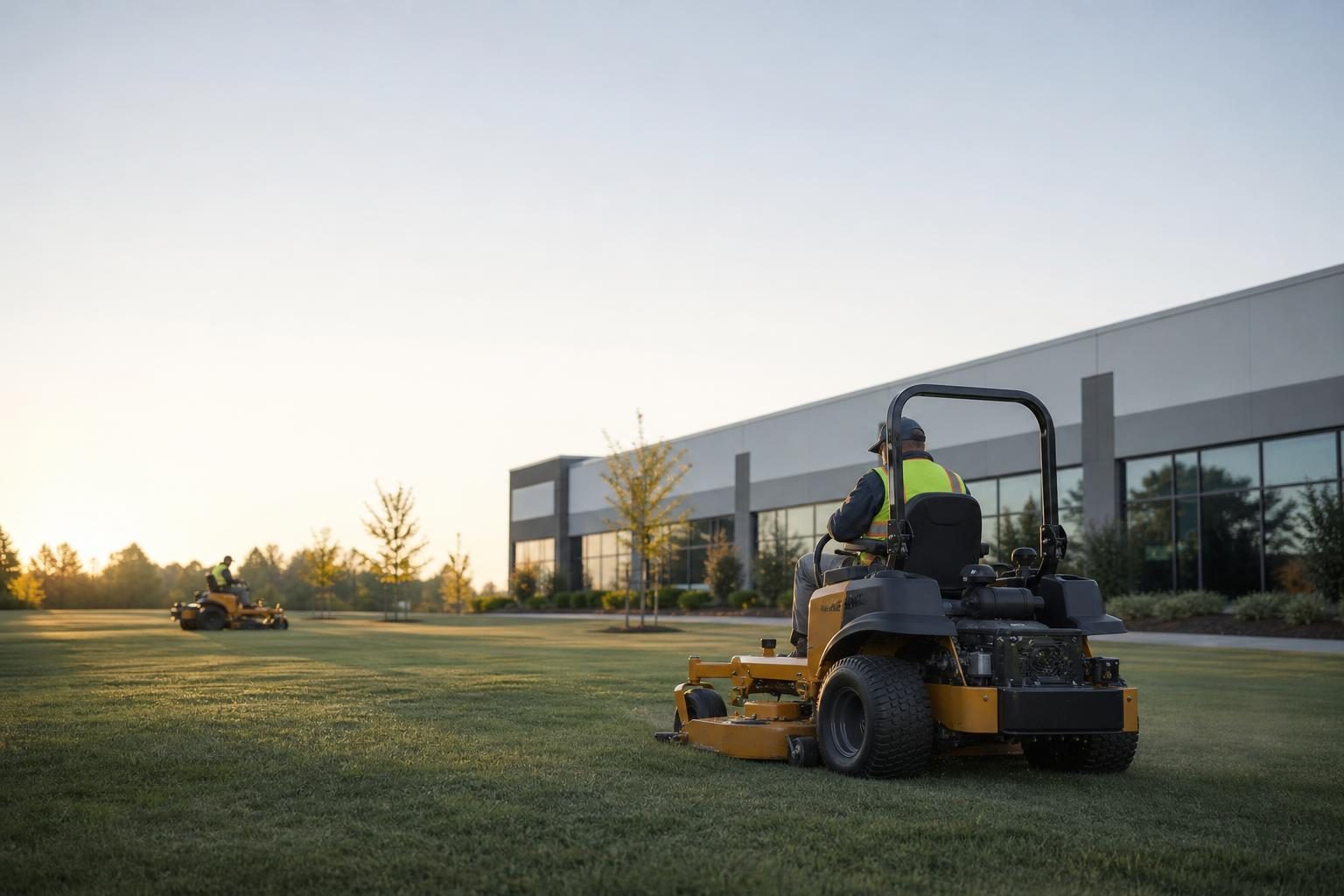 Commercial zero-turn mower at a commercial worksite, illustrating commercial mower financing rates: what to expect