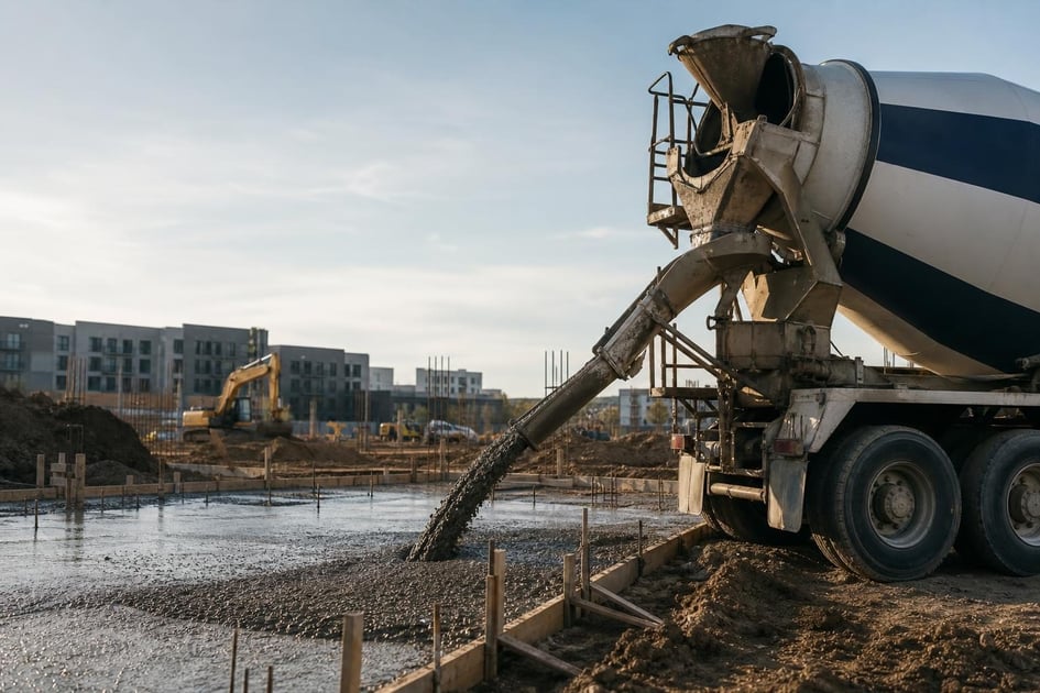 Concrete mixer truck at a commercial worksite, illustrating concrete mixer financing no money down: what to expect