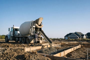 Concrete mixer at a commercial worksite, illustrating concrete mixer financing rates: what to expect