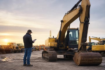 Used excavator at a commercial worksite, illustrating construction equipment financing: a practical guide to buying used