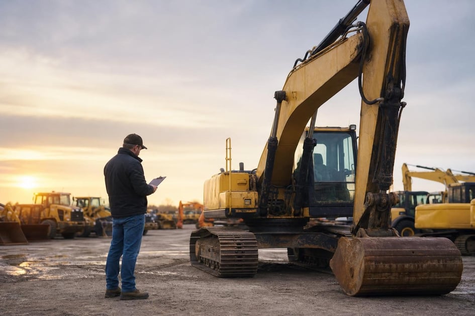 Used excavator at a commercial worksite, illustrating construction equipment financing: a practical guide to buying used