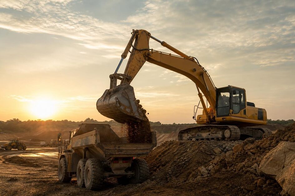 Excavator at a commercial worksite, illustrating construction equipment financing calculator