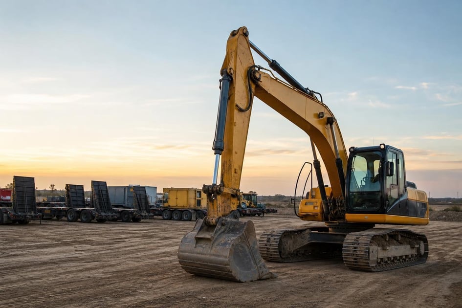 Construction excavator at a commercial worksite, illustrating construction equipment financing no money down