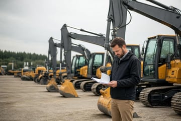 Excavator and lending documents at a commercial worksite, illustrating dealer financing vs independent lender: which is right for your business?