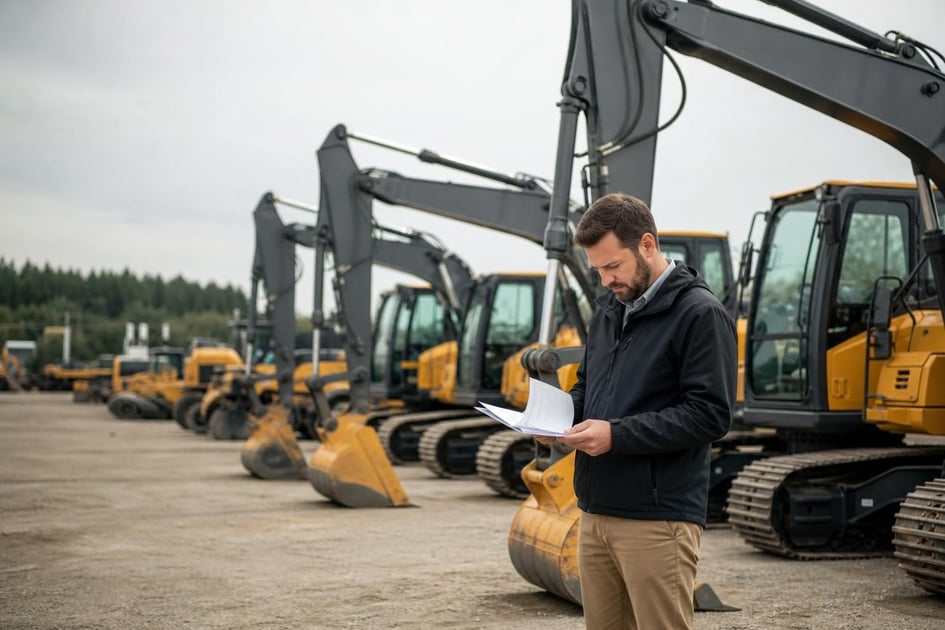 Excavator and lending documents at a commercial worksite, illustrating dealer financing vs independent lender: which is right for your business?